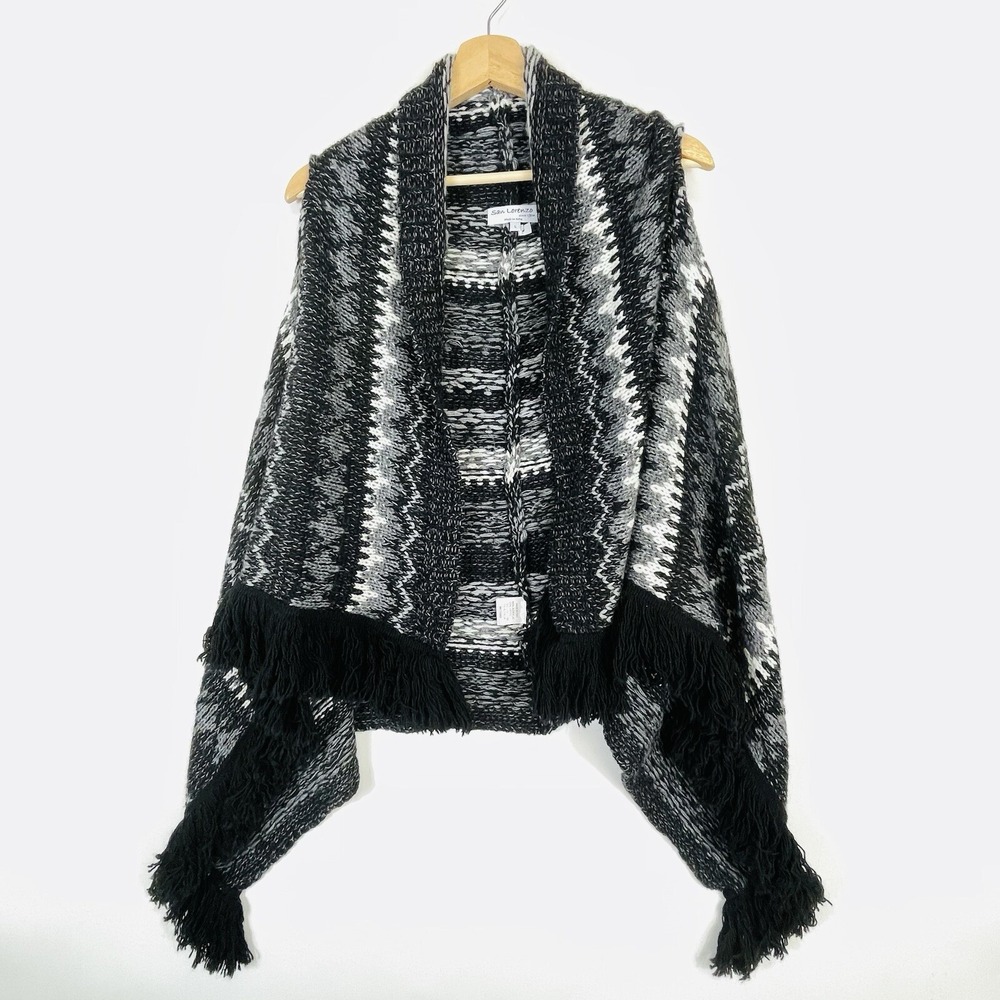 San Lorenzo Knit Vest Women Large Black Gray Fringe Boho Gorpcore Nordic Alpaca